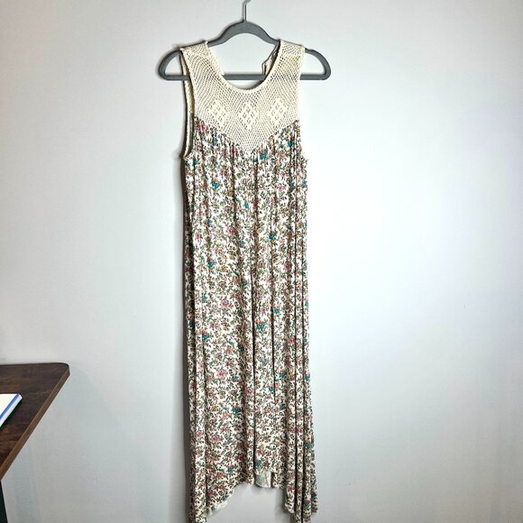 Lucky Brand Crochet Detail Floral Asymmetrical Hem Midi Dress Boho Prairie Sz L - Picture 1 of 6